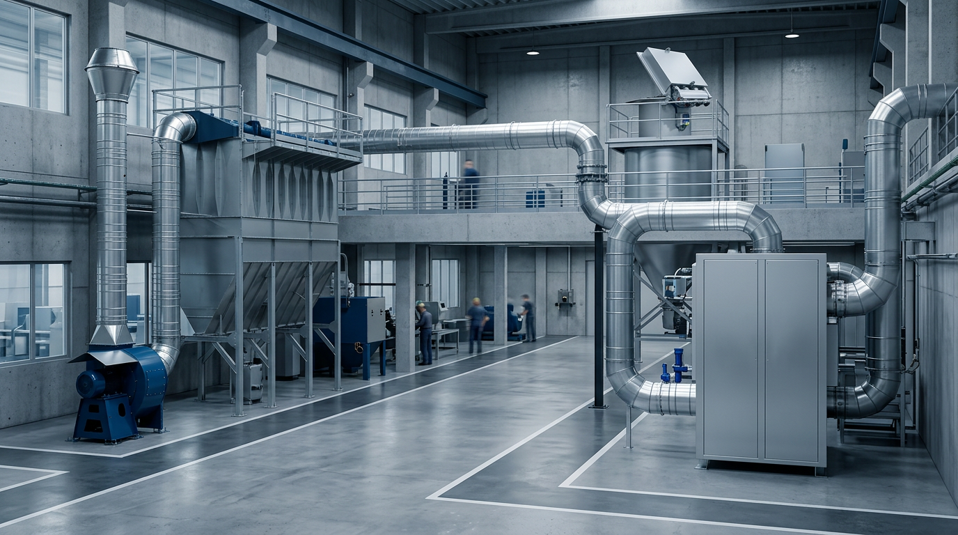 Complete ATEXAir industrial dust extraction line: modular bag filter unit, certified ducting and cartridge filter unit installed in a factory hall
